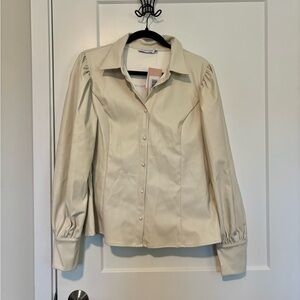 NWT JustFab Ivory Faux Leather Button-Up Blouse